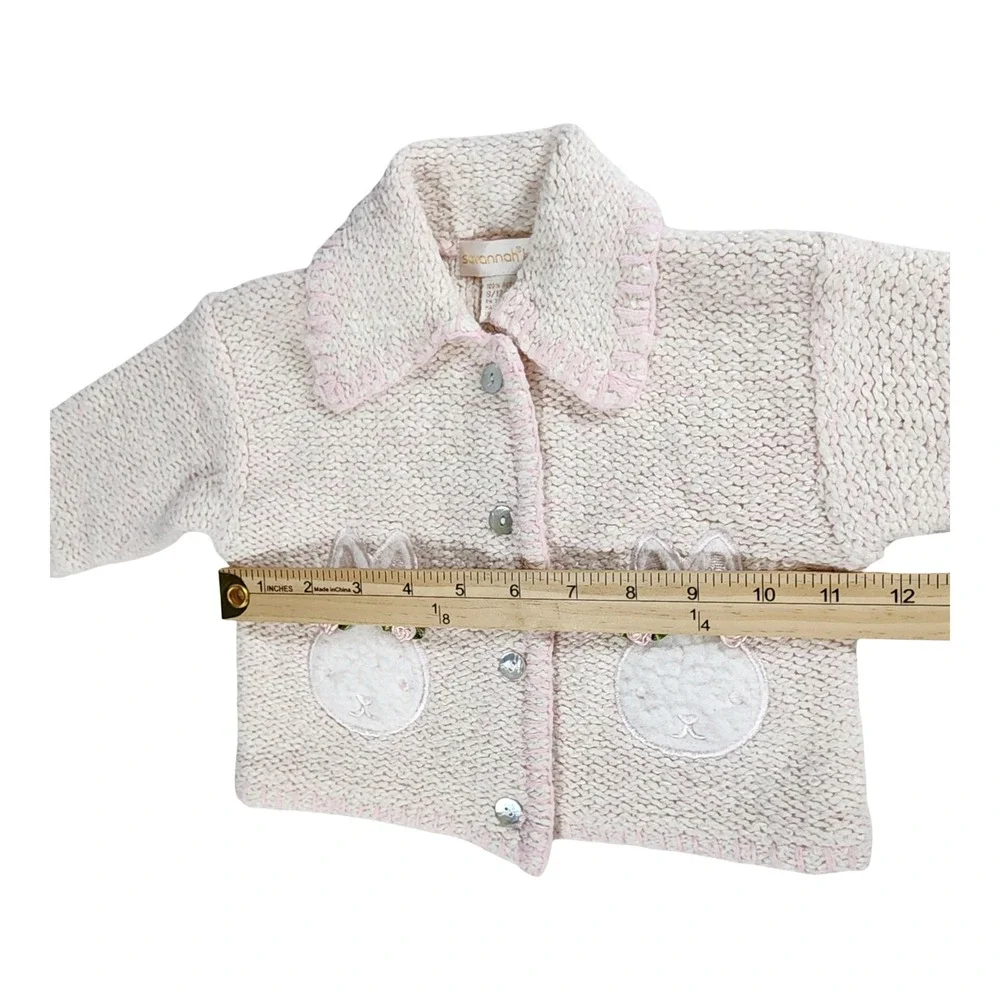 Vintage Savannah Baby Pink Cream Knit Bunny Cardigan Sweater 6/12‎ Months